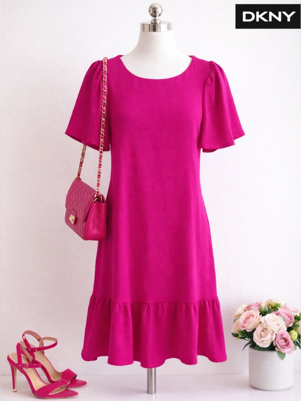 DKNY Hot Pink Ruffle-Hem Shift Dress